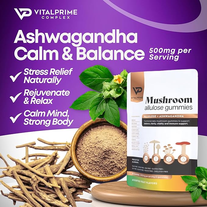 Sugar-Free Ashwagandha & Mushroom Gummies Supplement | 10 Functional Mushrooms per Serving | Immune Support, Focus, Energy | Vegan, Keto, Low Carb, Allulose Sweetener | 80 Gummies, Natural Flavors