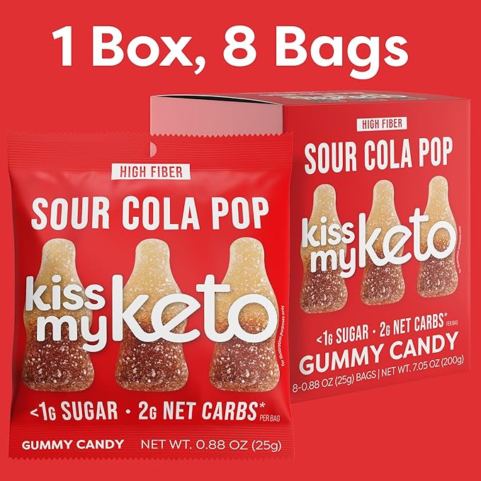 Kiss My Keto Gummies Candy – Low Carb Candy Sour Cola Pop, Keto Snack Pack – Healthy Candy Gummys – Vegan Candy, Keto Gummy Candy – Keto Candy Gummies (8-pack)