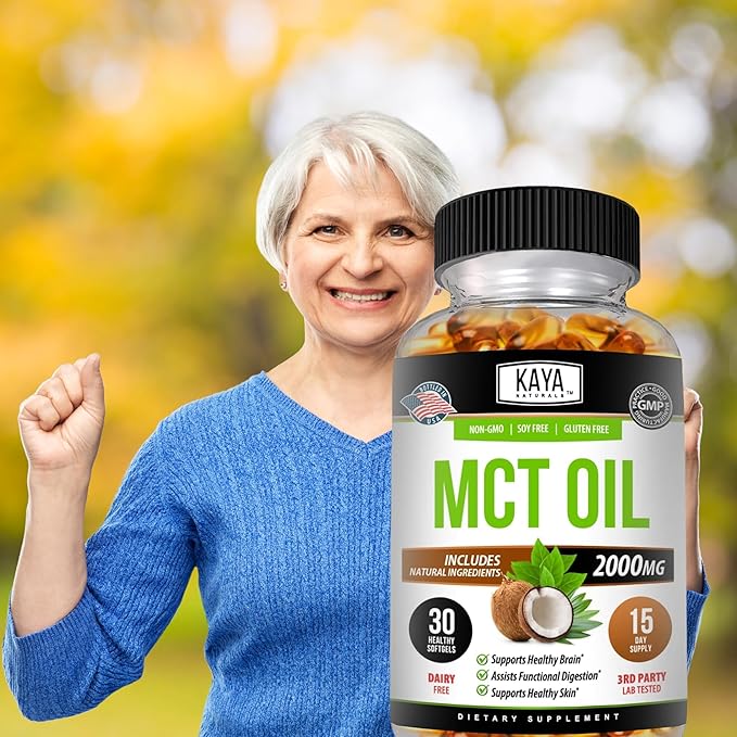 Kaya Naturals MCT Oil 2000mg - Non-GMO, Soy-Free, Gluten-Free - Brain, Digestive & Skin Health - 30 Softgels