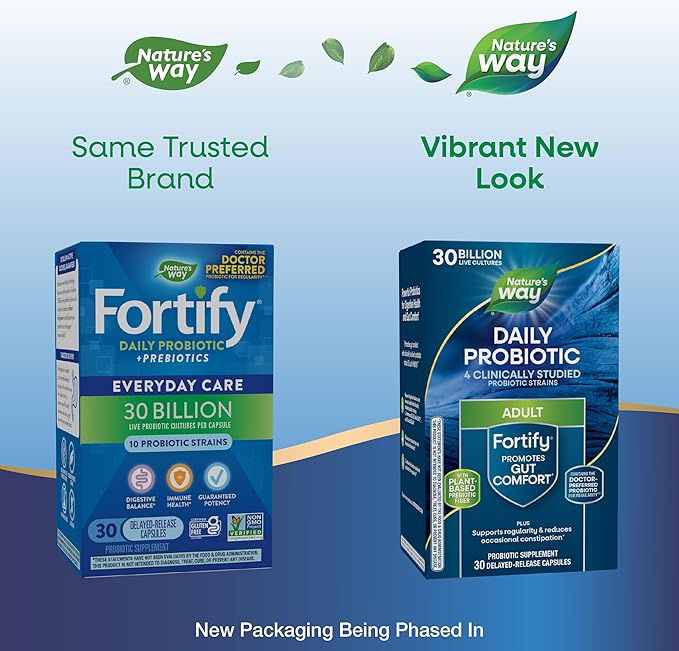 Nature's Way Fortify Daily Probiotic + Prebiotic for Men and Women, 30 Billion Live Cultures, Digestive and Immune Health Support* Supplement, 30 Capsules (Packaging May Vary)
