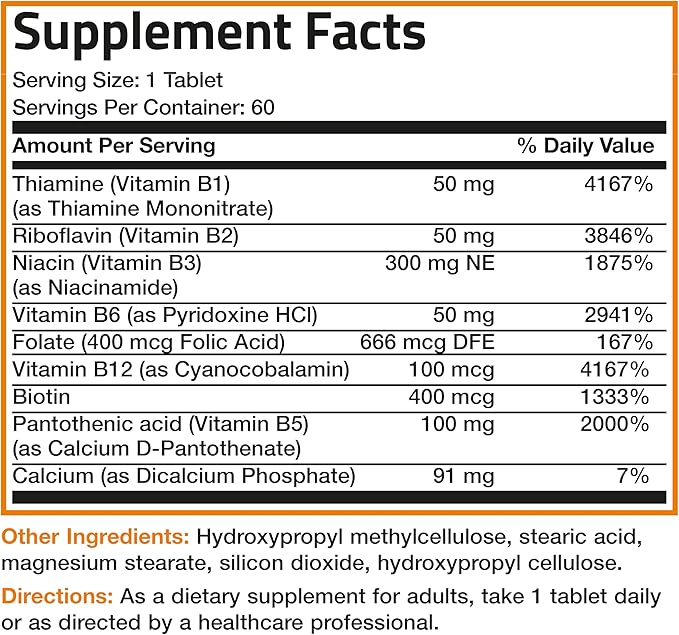 Bronson Super B Vitamin B Complex B1, B2, B2, B3, B3, B6, B6, B9 B9 - B12) Contains 60 Tablets