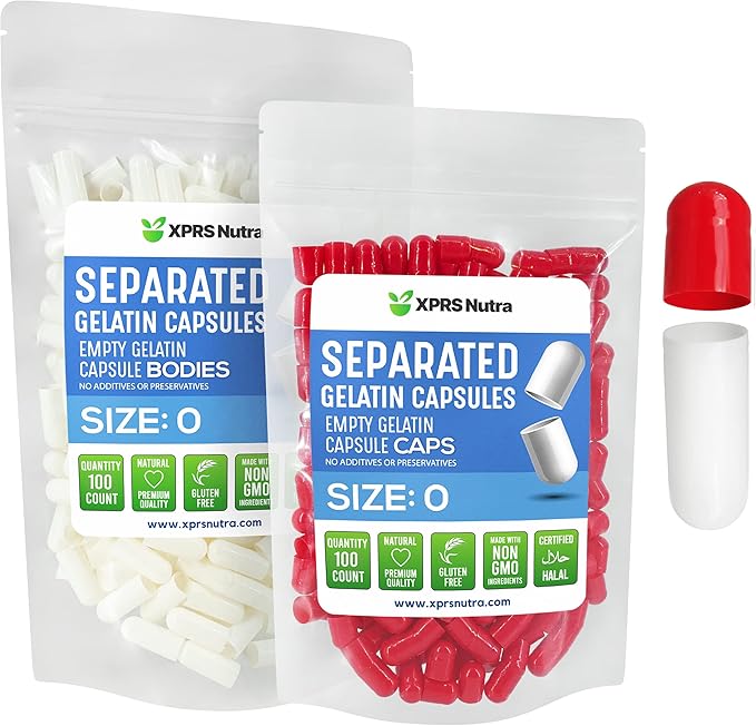 XPRS Nutra Gelatin Size 0 Separated Capsules - 100 Count Empty Capsules Separated in Bags - Size 0 Gelatin Capsules - Empty Gelatin Capsules for DIY Supplement Filling (Red/White)