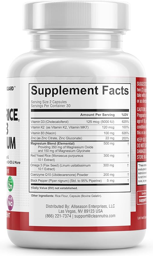 COQ10 200mg Red Yeast Rice 3000mg 3 3000mg 3000mg Magnesium 500mg Niacin K2 D3 D3 - B3, Coenzyme Q10-60 Ct