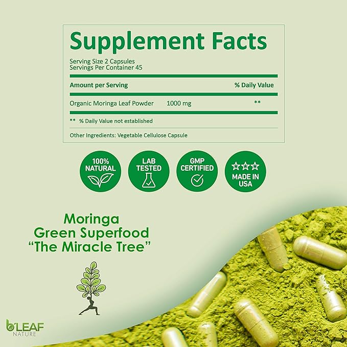 B’Leaf Nature Pure Organic Moringa Oleifera 1000mg - 90 Capsules