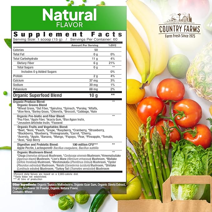 COUNTRY FARMS Super Greens Natural Flavor, 50 Organic 60 Servings, 900g