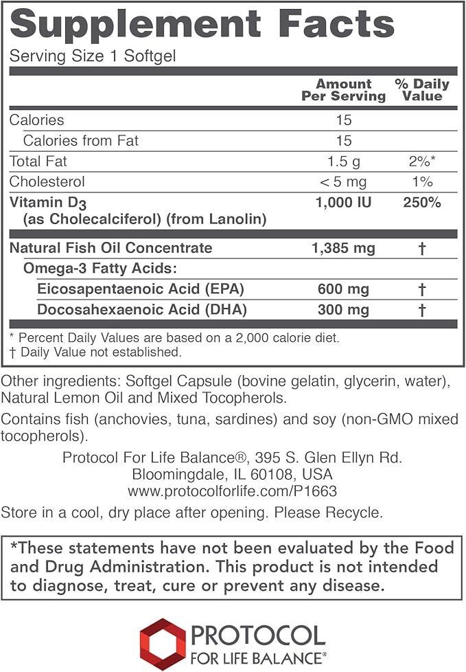 Protocol Ultra Omega 3-D 600mg EPA, 300mg DHA 1,000 IU D3 - 90 Softgels