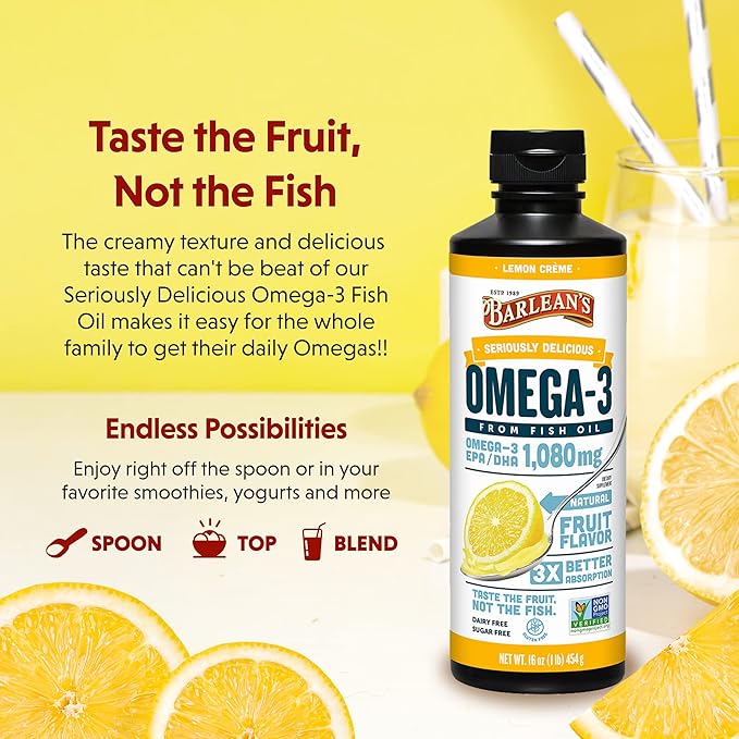 Barlean's Lemon Crème Omega 3 Fish 1080mg of 3 EPA 16 oz