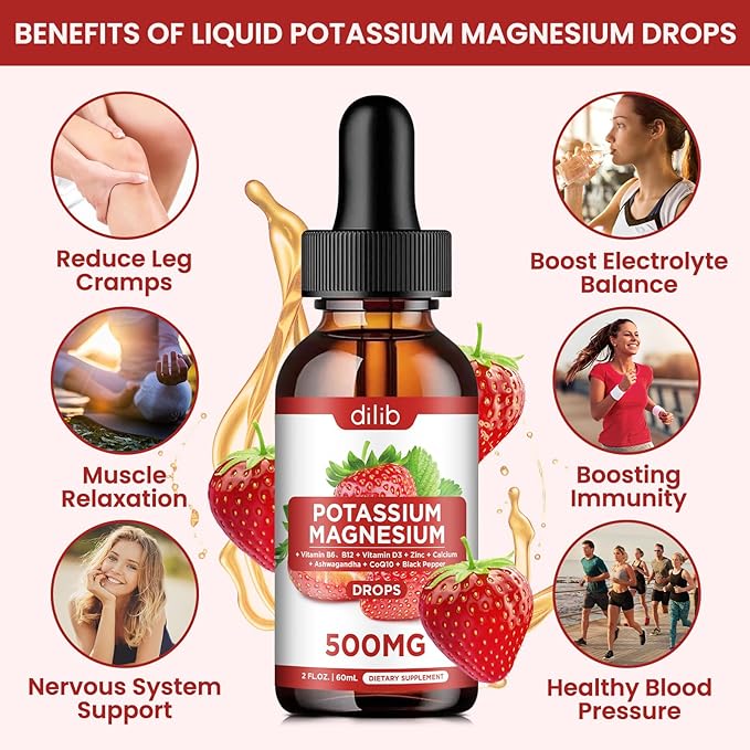 Potassium Magnesium Citrate Supplement, Liquid Magnesium 500mg with D3, B6, B6, B12, B12, CoQ10 CoQ10 - 2 fl