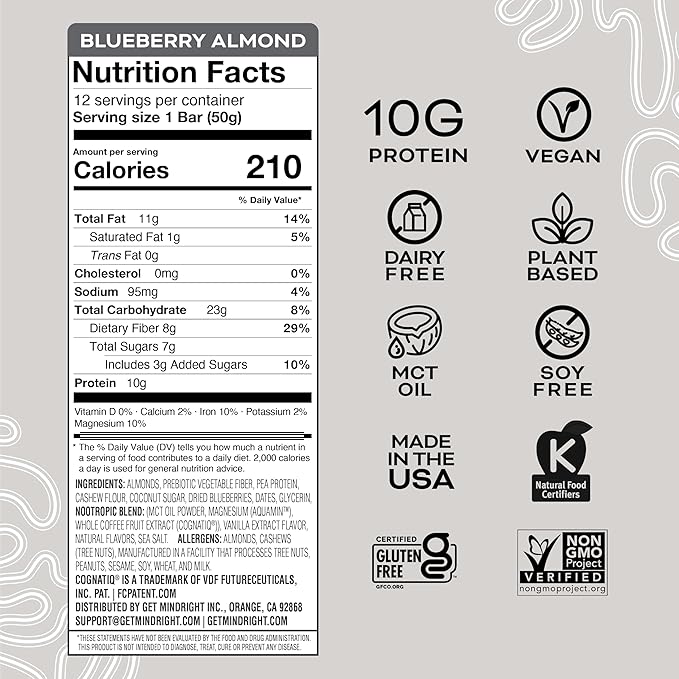 MINDRIGHT Superfood Vegan Protein Bars Almond,12 Pack)