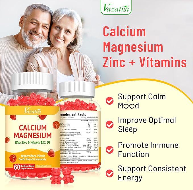 2 Pack Calcium Magnesium Zinc Gummies D3 & B12, Sugar
