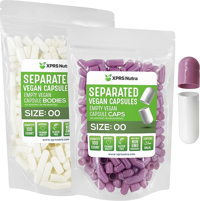 XPRS Nutra Vegan Size 00 Separated Capsules - 100 Count Premium Empty Capsules Separated in Bags - Separated Empty 00 Capsules - Pill Capsules Empty for DIY Supplement Filling (Lavender/White)