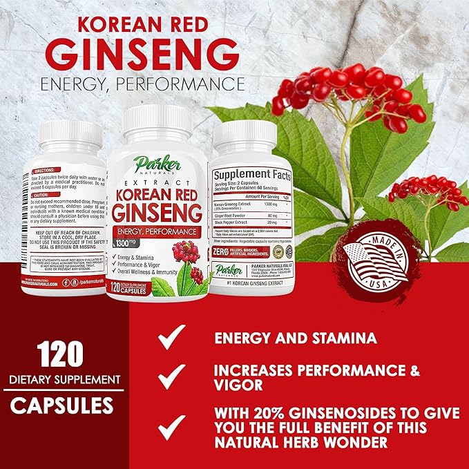Korean Red Panax Ginseng Extract 1300MG 20% Ginsenosides. 120 Caps.