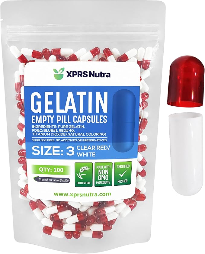 XPRS Nutra Size 3 Empty Capsules - 100 Count Empty Gelatin Capsules - Empty Pill Capsules - DIY Capsule Filling - Pure Bovine Pill Capsules Empty Gel Caps (Clear Red/White)
