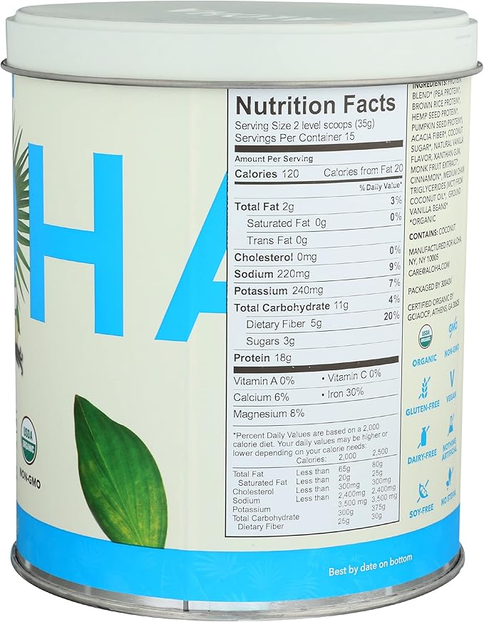 Aloha Organic Plant-Based Protein Powder, Vanilla, 18g Protein, 525 Gm 1)