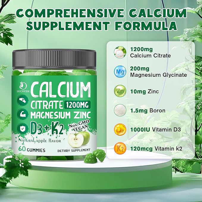Calcium Citrate 1200 mg with Vitamin D3 Gummies, Calcium Citrate Magnesium Zinc with Vitamin D3 Supplement for Women & Men Bone & Teeth Support, Natural Apple Flavor - 30 Day Vegan Supply