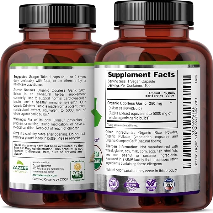 Zazzee USDA Organic Odorless Garlic 20:1 5000 mg 100 Vegan 3+ Month 20X Extract, 100% Vegetarian,