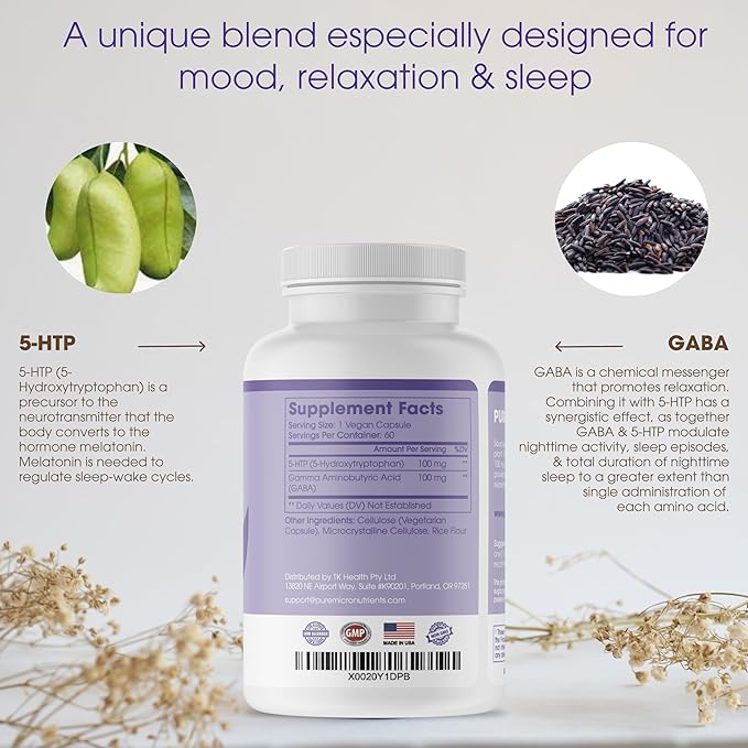 Pure 5-HTP (5-Hydroxytryptophan) Plus GABA Supplement 60 Veggie