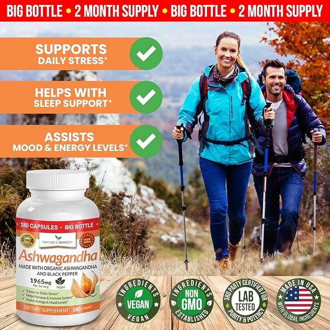 UDAF Certified Organic Ashwagandha with Black Pepper - 180 Capsules - 1965mg Extra Strength for Stress, Sleep, Mood, Thyroid, Focus, Hair, Vegan Pure Root Extract Powder - Men and Women Supplements