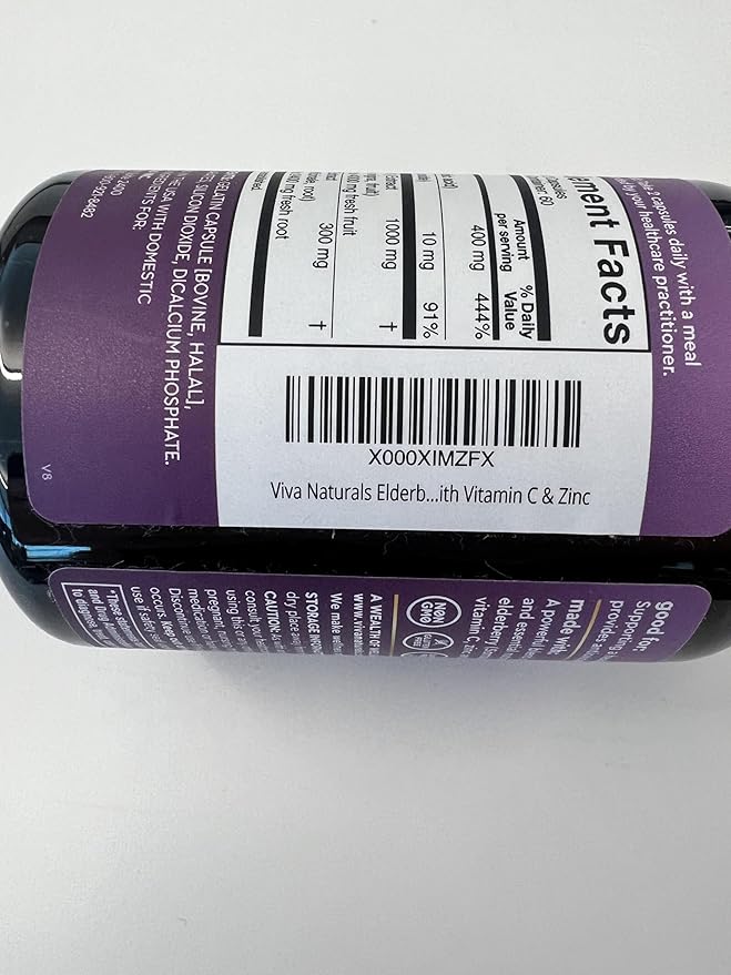 Viva Naturals Elderberry with Vitamin C and Zinc (120 Capsules) - 1000mg Sambucus Elderberry Immune Support Supplement, Black Elderberry Capsules for Adults, Elderberry Vitamins - 2 Months Supply