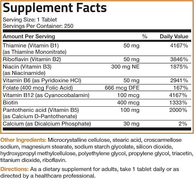 Bronson Vitamin B Complex (Vitamin B1, B2, B3, B3, B6, B6, B9 B9 - B12), 250 250 Tablets