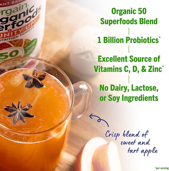 Orgain Organic Greens + 50 Superfoods Immunity Up! Powder, Honeycrisp Apple - Immune Support, Probiotics, Vitamin C, D & Zinc, Apple Cider Vinegar, Ashwagandha, Cordyceps & Reishi Mushrooms - 0.62lb