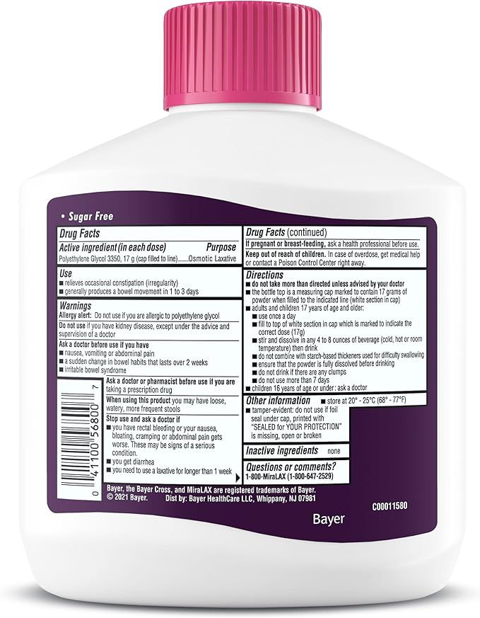 MiraLAX Gentle Constipation Relief Laxative Powder, 3350, Works 45 Dose