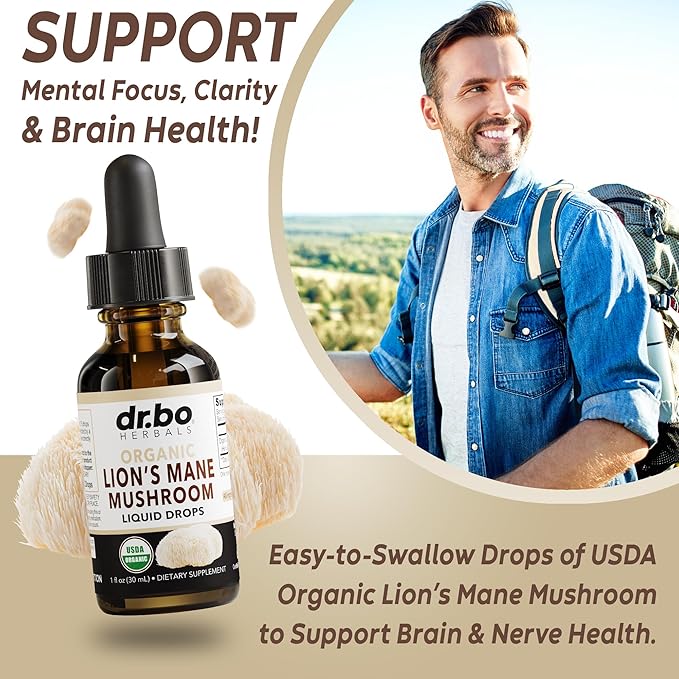 Lions Mane Mushroom Supplement Drops - Organic Lion's Mane Mushroom Liquid Tincture for Focus, Fog, Brain Health Supplements - Vegan Herbal Nervine, Nootropic Organic Lions Mane Supplement Extract 1oz