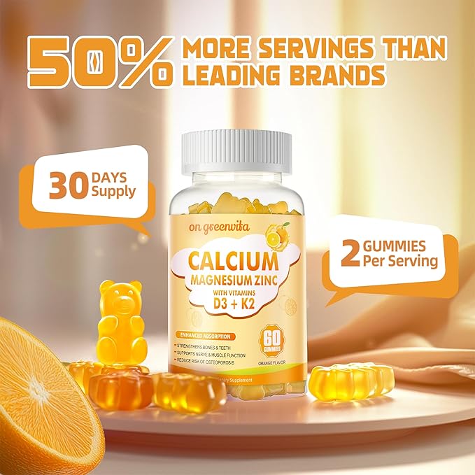 Calcium Magnesium Zinc Gummies with Vitamin D3 & K2 - High Potency Enhanced Absorption -120 Orange Gummies Flavored