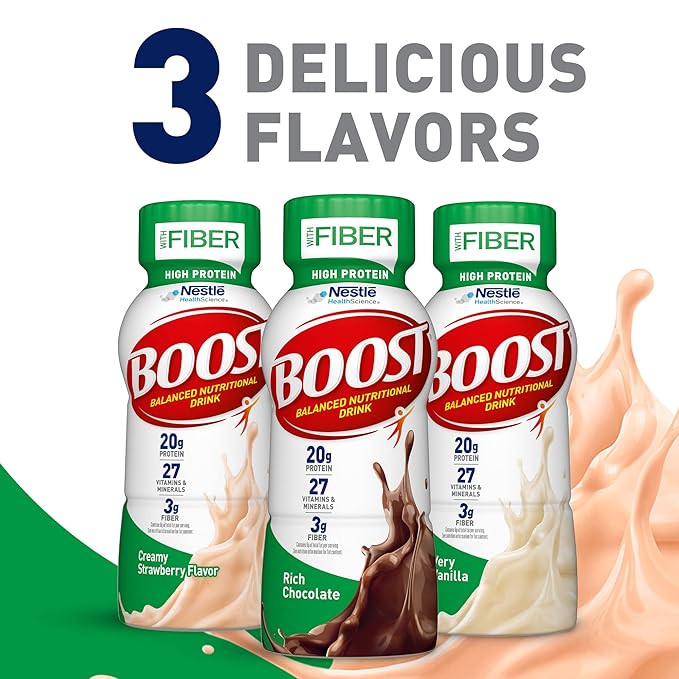 BOOST High Protein with Fiber Ready to Drink Complete Nutritional Drink, Creamy Strawberry, 8 fl oz Bottle, 24 Pack