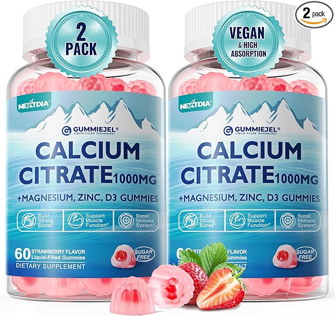 Calcium Citrate 1000mg, Calcium Gummies with Calcium & Magnesium 2:1 Ratio, Plus Vitamin D3, Zinc, B6 & Potassium – High Absorbable Calcium Chewable, Bone & Muscle Support, Vegan, Sugar-Free, 120Cts