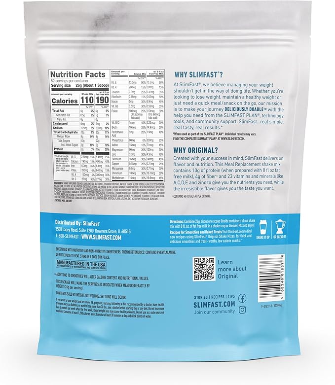 SlimFast Meal Replacement Powder, Original Rich 10g of 52 Servings