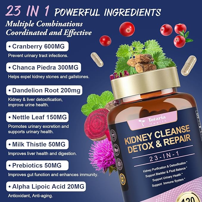 Kidney Cleanse Detox & Repair Capsules, Chanca Piedra & Cranberry Pills for Kidney Support Supplement Extra Strength with Kidney Stones Dissolver, Urinary Tract Health for Woman, 23 in 1, 120 Counts
