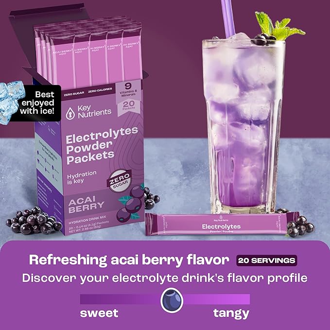 KEY NUTRIENTS Multivitamin Electrolytes Powder Packets - Delicious Acai Berry 40 Pack Hydration Packets - Travel Hydration Powder - No Sugar, No Calories, Gluten Free - Made in USA