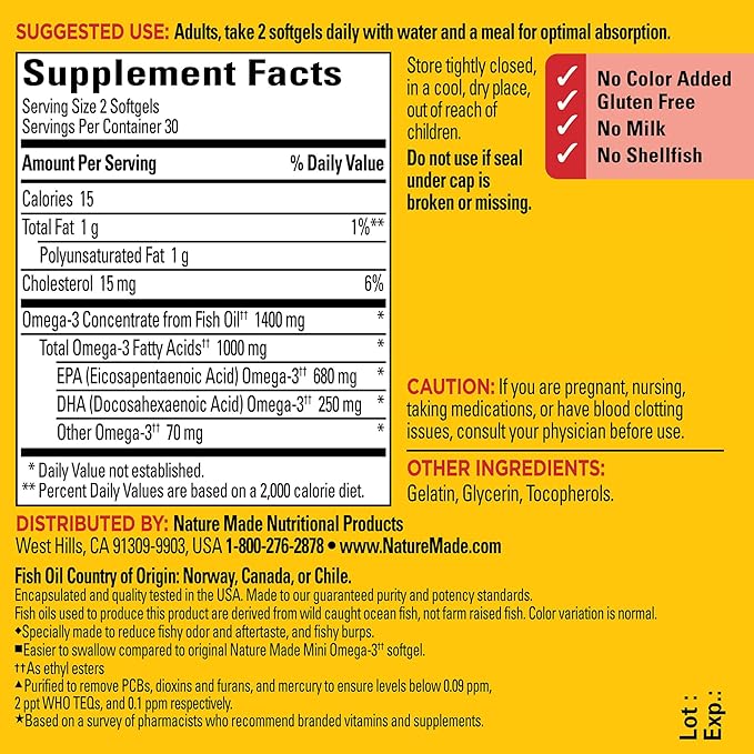 Nature Made Extra Strength Burp Less 3 Fish 1400 mg 3 Supplement, 60 Softgels, 30 Day