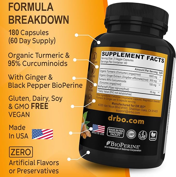 Turmeric Curcumin with BioPerine & Ginger Supplement 1950mg Organic 180 Capsules