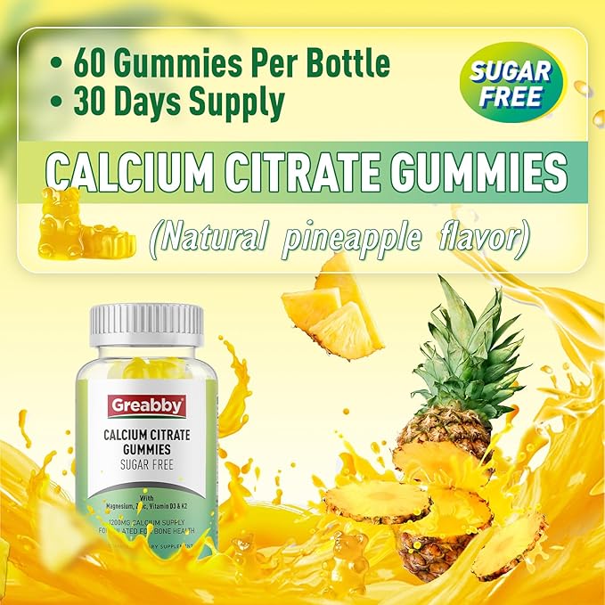 Calcium Citrate Gummies 1200 mg for Women & Kids, Sugar Free Calcium Supplement with Vitamin D3, K2, Magnesium, Zinc, Bone Support for Adults & Elders, Natural Pineapple Flavor, 60 Gummies