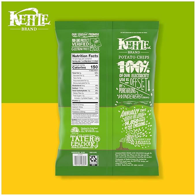 Kettle Brand Potato Chips, Jalapeno Kettle Chips, Party Size, 13 Oz