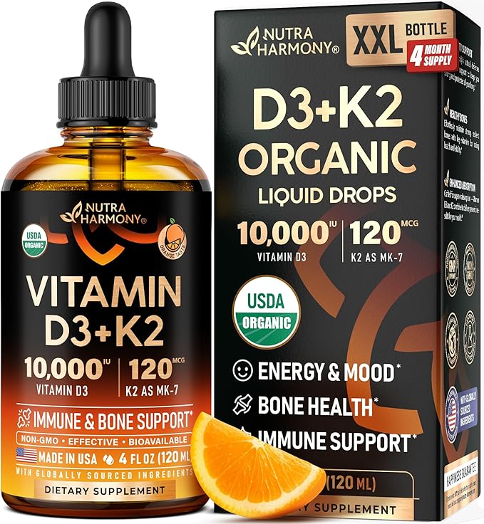 Vitamin D3 K2 USDA Organic Drops - Vitamin D3 10000 IU & K2 as MK-7 120mcg - Immune & Mood Support, Bone & Teeth Health - Sugar-Free Orange Flavor - Liquid Supplement - Made in USA - 4 FL OZ, 120 Days