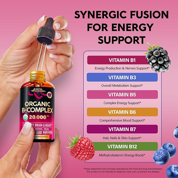 USDA Organic Vitamin B-Complex B5 Pantothenic Acid B12 Methylcobalamin B1 Thiamine B6 Pyridoxine B7 Biotin B9 Folic B3 Niacinamide 4fl oz