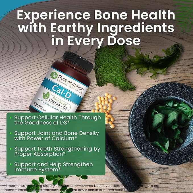 Pure Nutrition Cal D - Plant Based Calcium with Vitamin D3 K2 and Magnesium. Vegan Calcium Supplement with 500mg Elemental Calcium per Serving. Algae Calcium Supplement for Bone Health | 180 Tabs