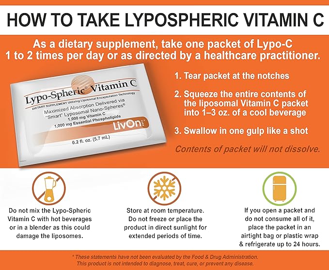 LivOn Laboratories Lypo–Spheric Vitamin C – 2 Cartons (60 Packets) 1,000 mg 1,000 mg 100% Non–GMO