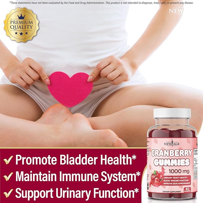 NEW AGE Cranberry Gummies Urinary Tract Health Gummies 1000mg - Supports Bladder, Kidney, UTI - Vegetarian (Cranberry 60 Gummies)