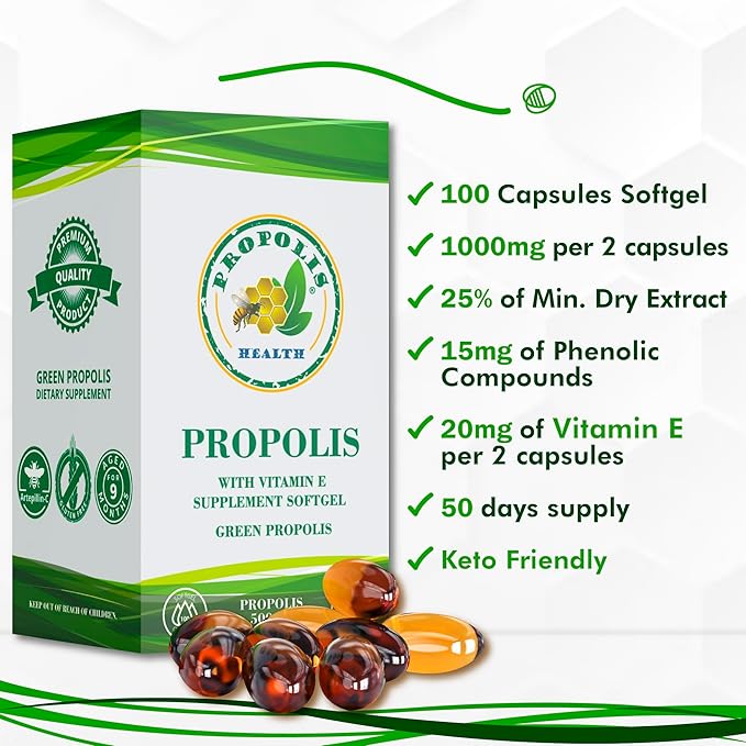 Propolis Health Propolis Capsules 1000mg-Daily 2 Capsules 50 Days (100 Capsules)