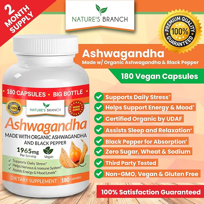 UDAF Certified Organic Ashwagandha with Black Pepper - 180 Capsules - 1965mg Extra Strength for Stress, Sleep, Mood, Thyroid, Focus, Hair, Vegan Pure Root Extract Powder - Men and Women Supplements