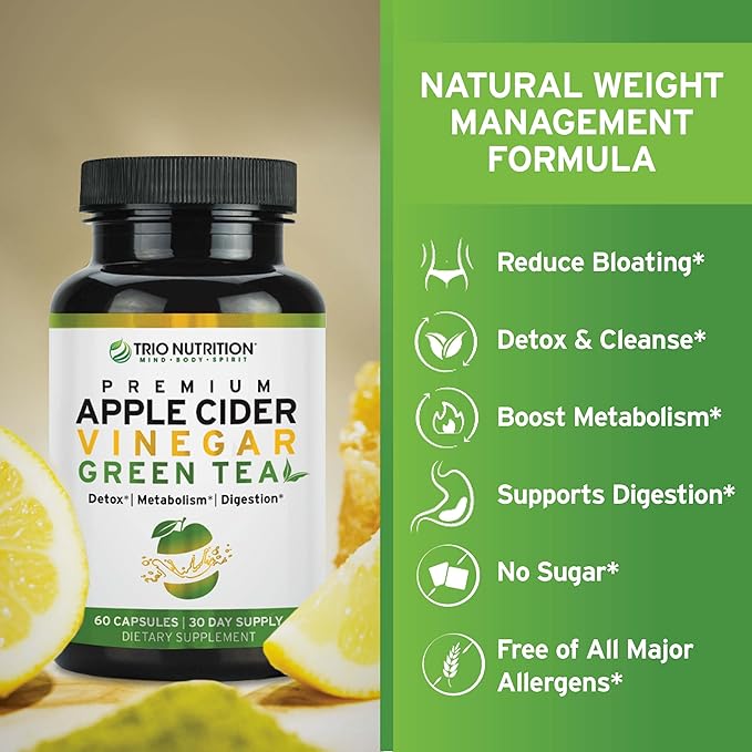 TRIO NUTRITION Apple Cider Vinegar Capsules with Green Tea - Natural Sugar Free Apple Cider Vinegar Pills with The Mother for Body Cleanse, Immune, Weight Management & Metabolism Support*