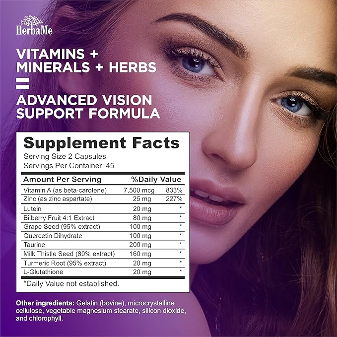 Eye Vitamins Supplement with Lutein, Bilberry, 90 Capsules,