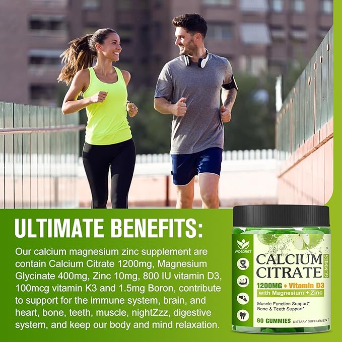 Calcium Citrate 1200mg with Vitamin D3 Supplement for Women and Men - Chewable Calcium Magnesium Zinc D3 K2 Gummies Supplement for Bone, Teeth, Immune Support, Apple Flavor - 60 Gummies