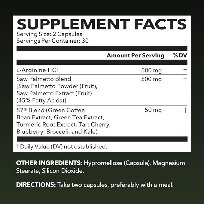 L Arginine Saw Palmetto for Men Prostate Supplement - Nitric Oxide (NO) & Prostate Support Supplement for Ultimate Male Health - Endurance Performance & Urinary Health - Vegan, 60 Count 1 Month Supply