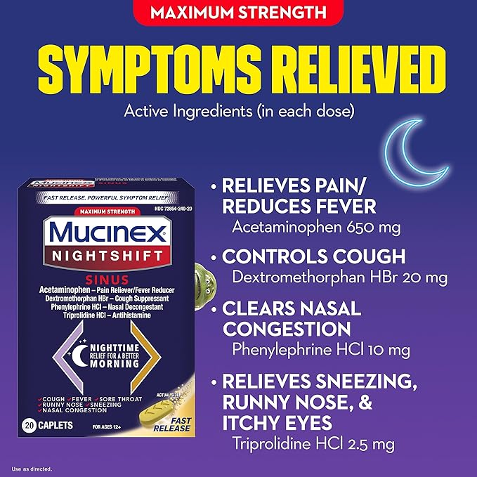 Mucinex Nightshift Sinus, Maximum Strength Powerful 20 Fast