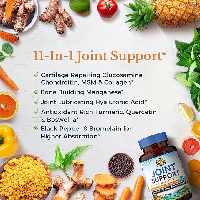 Vitalitown Glucosamine Chondroitin MSM & Turmeric, 11-in-1 Joint Support Supplement for Men & Women, Health Formula with Collagen, Boswellia, HA for Joint Flexibility & Comfort, No Shellfish, 90 Caps